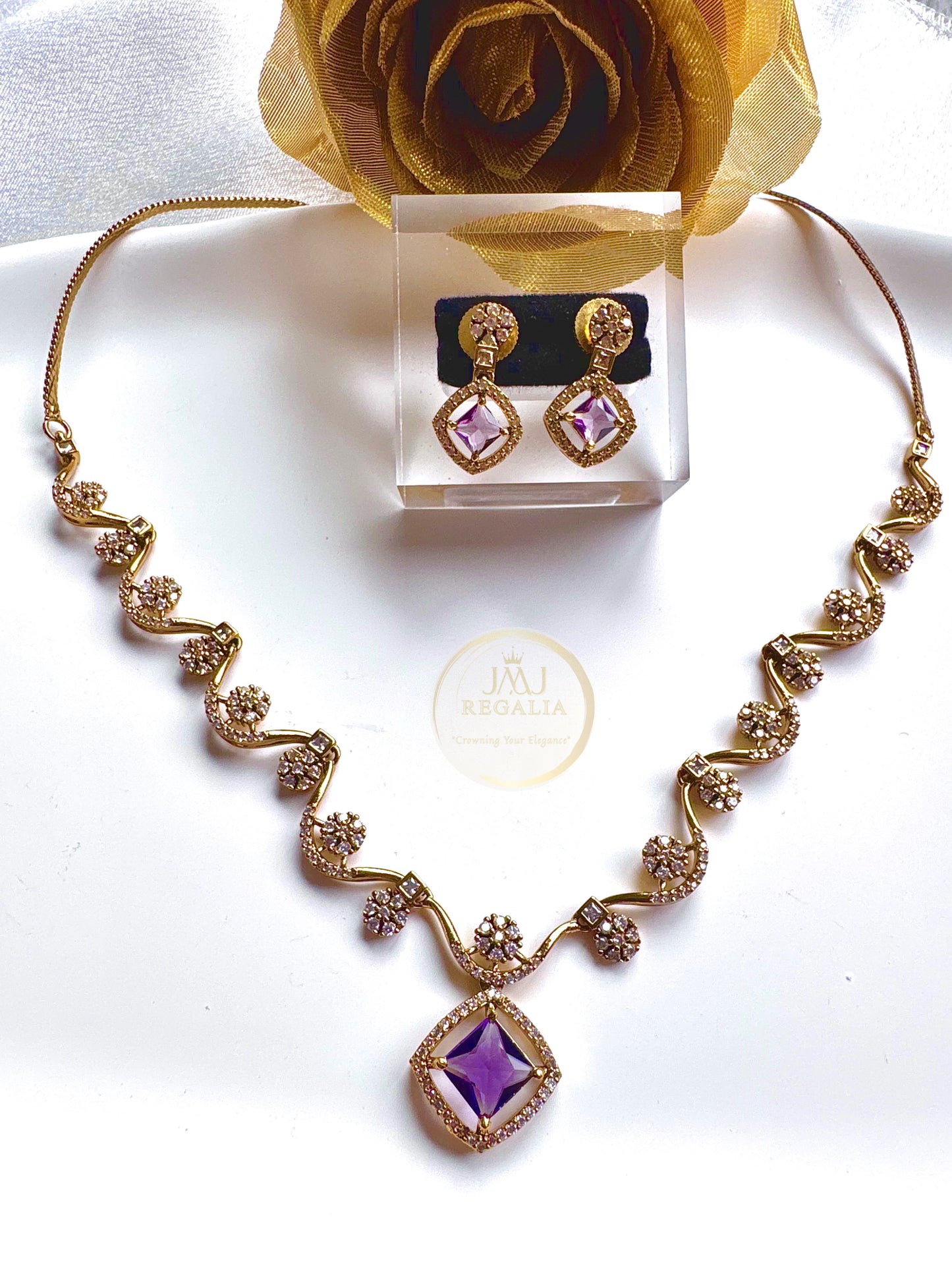 Floral Curvy- AD stone elegant antique gold necklace set