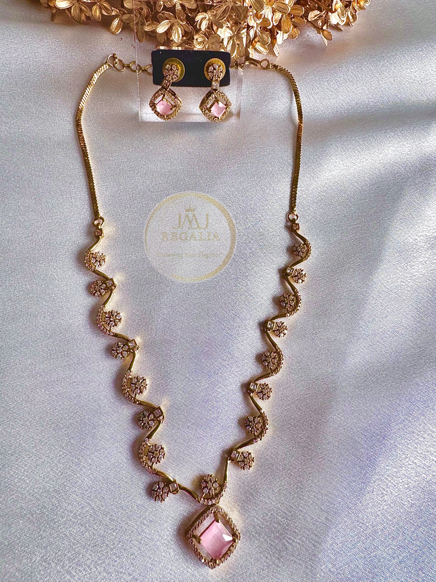 Floral Curvy- AD stone elegant antique gold necklace set