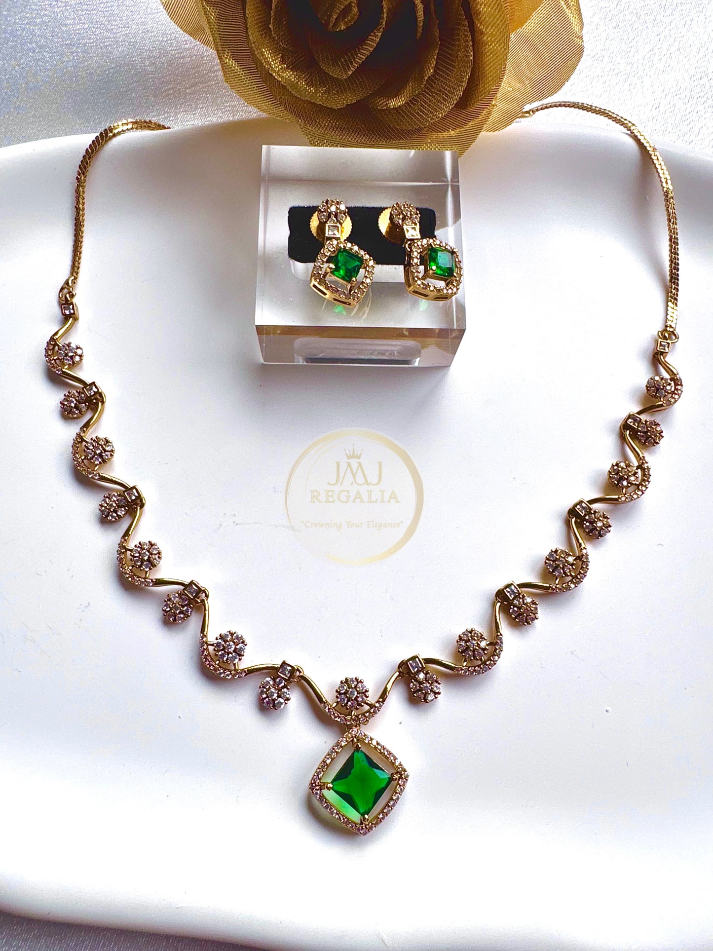 Floral Curvy- AD stone elegant antique gold necklace set