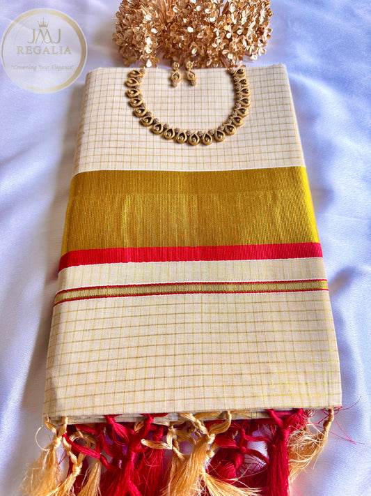 Manjadi - Kasavu saree with red and gold thread